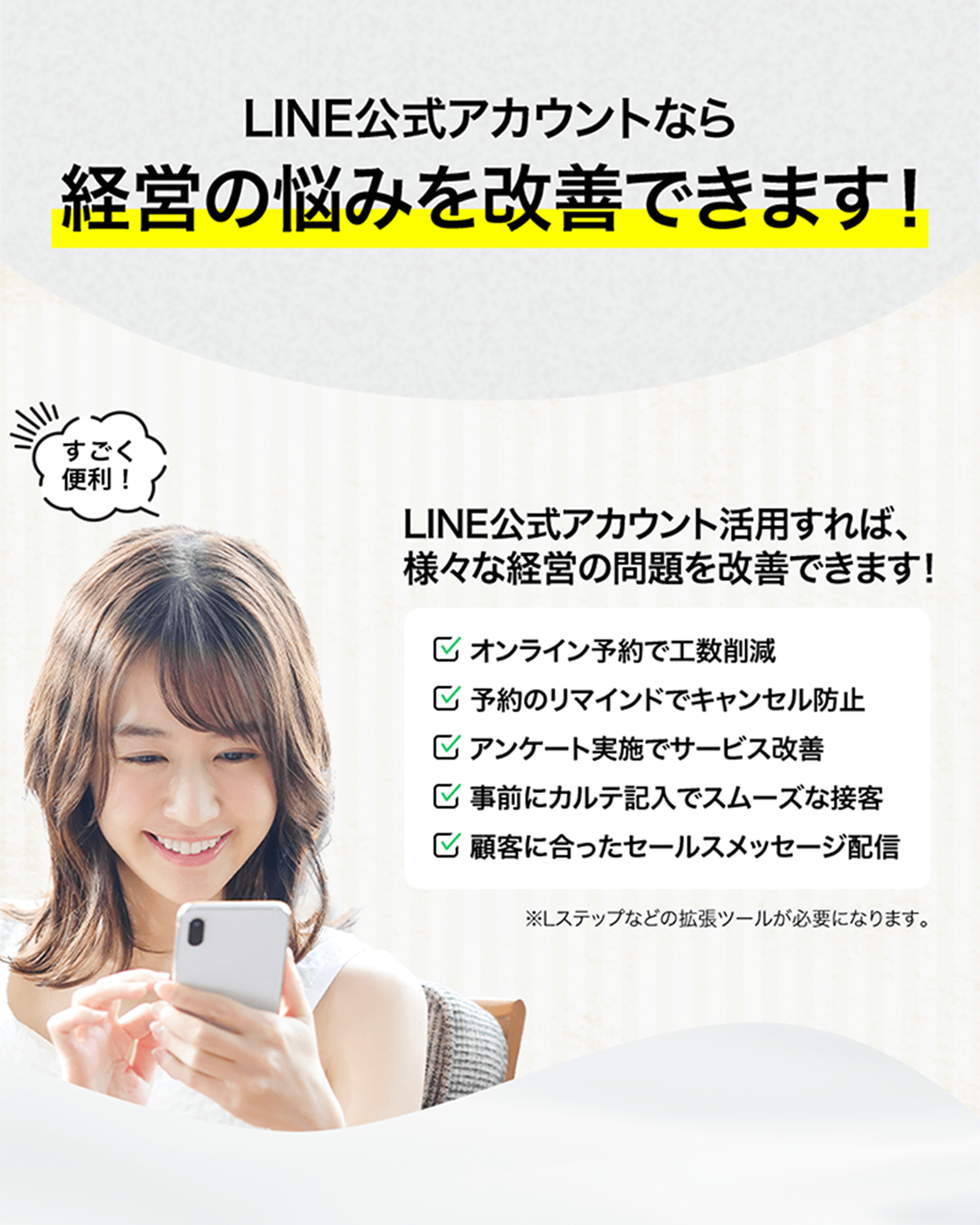 店舗経営に関する悩みを解決するためのLINE公式アカウントの宣伝画像。リピーターがつかない、広告費が高い、スタッフの業務負担を減らしたいという悩みを表現。